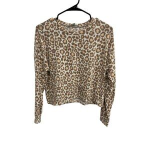 Gaze Leopard Print Crewneck Long Sleeve Crop Top Tan White Sz Small Animal Print